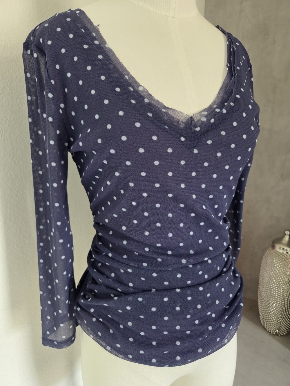 INC International Concepts Navy Polka Dot V-Neck Long Sleeve Top
